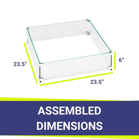 American Fire Products square tempered glass flame guard dimension 23.5 inch by 23.5 inch by 6 inch for fire pit wind protection and flame stability outdoor fire feature
