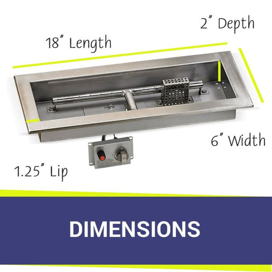 American Fire Products Stainless Steel Linear Burner Pan 18 inch by 6 inch showing dimensions for outdoor fire pit installation