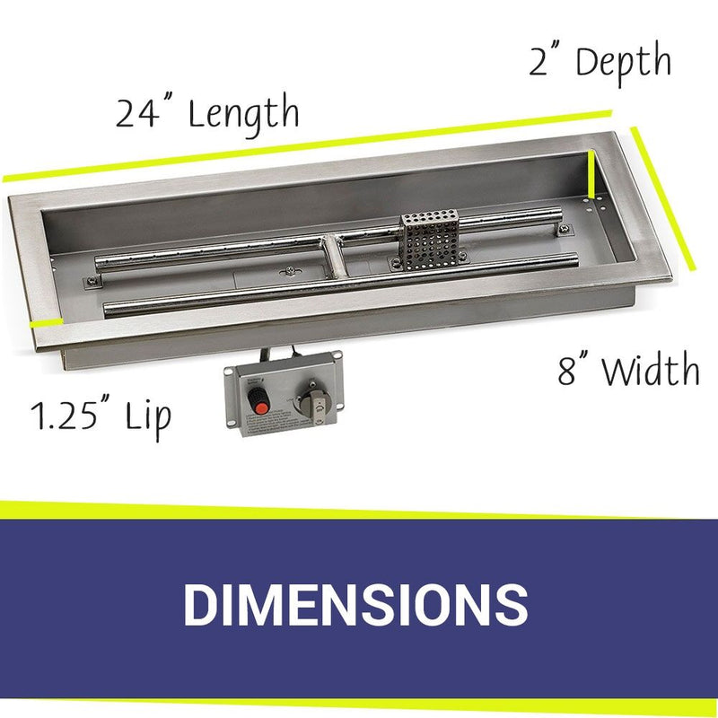 Load image into Gallery viewer, American Fire Products Stainless Steel Linear Burner Pan 24 inch by 8 inch showing dimensions for outdoor fire pit installation
