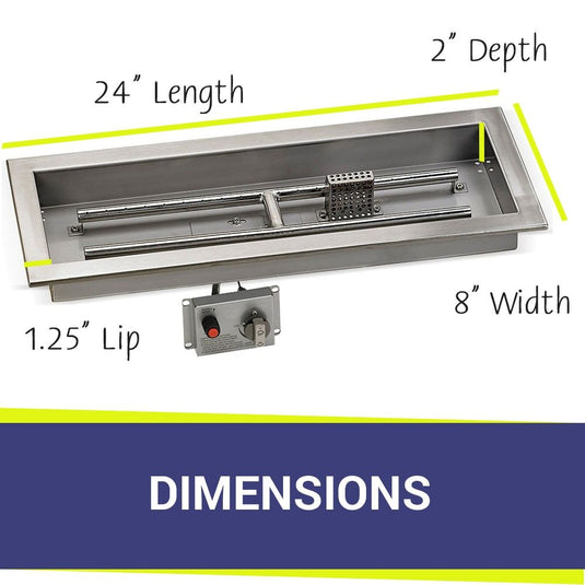 American Fire Products Stainless Steel Linear Burner Pan 24 inch by 8 inch showing dimensions for outdoor fire pit installation