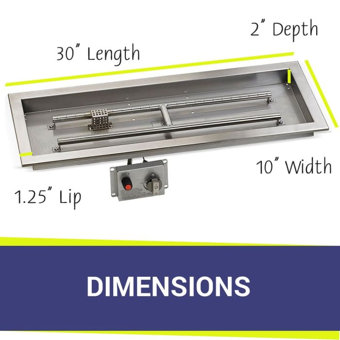 Load image into Gallery viewer, American Fire Products Stainless Steel Linear Burner Pan 30 inch by 10 inch showing dimensions for outdoor fire pit installation
