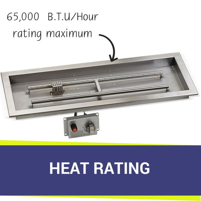 Load image into Gallery viewer, American Fire Products Stainless Steel Linear Burner Pan 30 inch by 10 inch displaying heat rating for outdoor fire pit burner system
