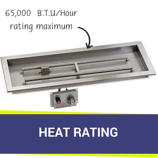 American Fire Products Stainless Steel Linear Burner Pan 30 inch by 10 inch displaying heat rating for outdoor fire pit burner system