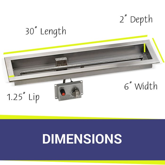 Load image into Gallery viewer, American Fire Products Stainless Steel Linear Burner Pan 30 inch by 6 inch showing dimensions for outdoor fire pit installation
