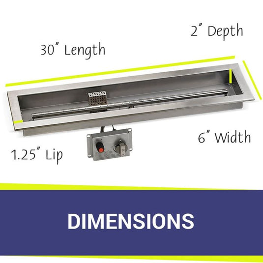 American Fire Products Stainless Steel Linear Burner Pan 30 inch by 6 inch showing dimensions for outdoor fire pit installation
