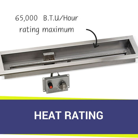 American Fire Products Stainless Steel Linear Burner Pan 30 inch by 6 inch displaying heat rating for outdoor fire pit burner system