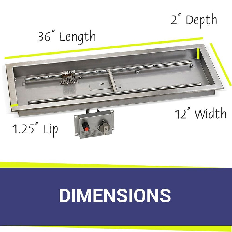 Load image into Gallery viewer, American Fire Products Stainless Steel Linear Burner Pan 36 inch by 12 inch showing dimensions for outdoor fire pit installation
