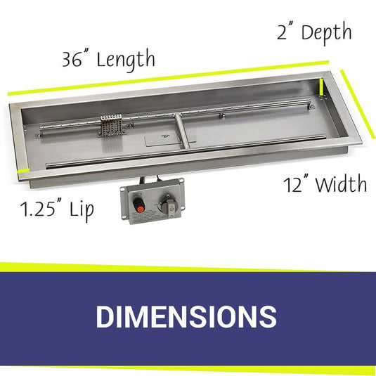 American Fire Products Stainless Steel Linear Burner Pan 36 inch by 12 inch showing dimensions for outdoor fire pit installation
