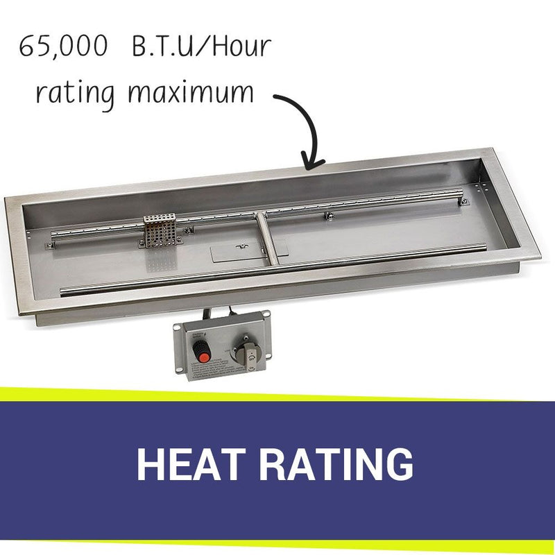 Load image into Gallery viewer, American Fire Products Stainless Steel Linear Burner Pan 36 inch by 12 inch displaying heat rating for outdoor fire pit burner system
