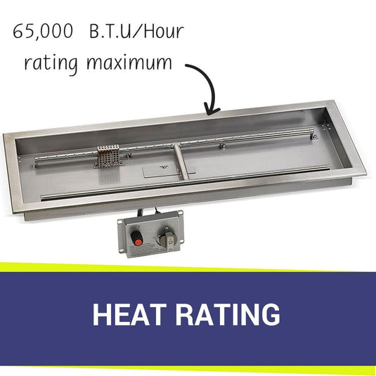 American Fire Products Stainless Steel Linear Burner Pan 36 inch by 12 inch displaying heat rating for outdoor fire pit burner system