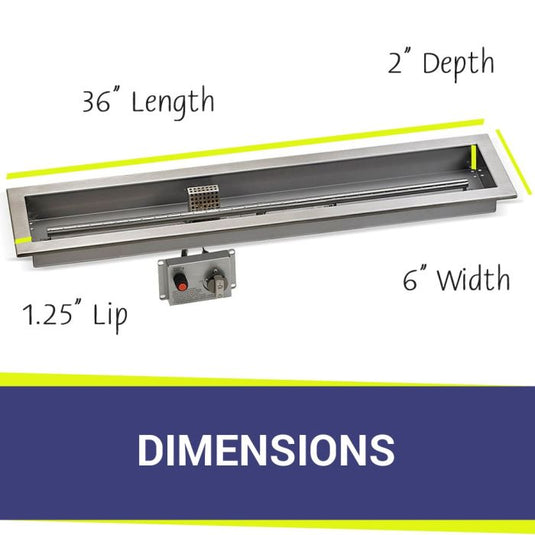 American Fire Products Stainless Steel Linear Burner Pan 36 inch by 6 inch showing dimensions for outdoor fire pit installation