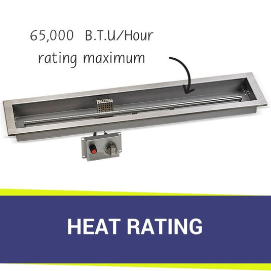 American Fire Products Stainless Steel Linear Burner Pan 36 inch by 6 inch displaying heat rating for outdoor fire pit burner system