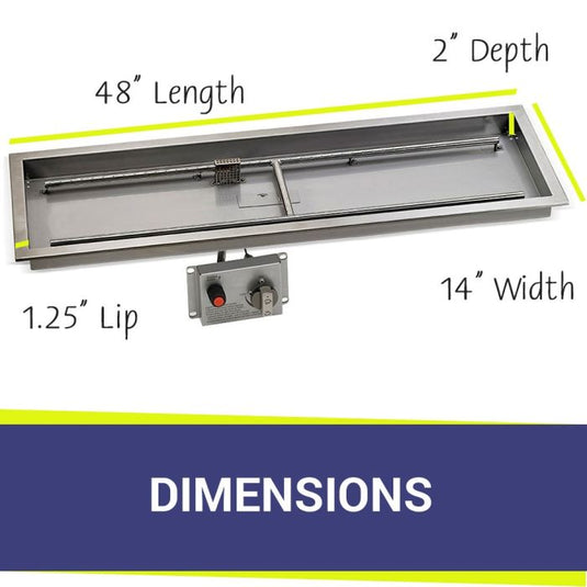 American Fire Products Stainless Steel Linear Burner Pan 48 inch by 14 inch showing dimensions for outdoor fire pit installation