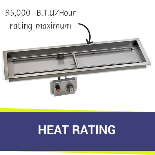 American Fire Products Stainless Steel Linear Burner Pan 48 inch by 14 inch displaying heat rating for outdoor fire pit burner system