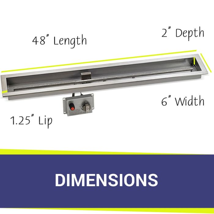 Load image into Gallery viewer, American Fire Products Stainless Steel Linear Burner Pan 48 inch by 6 inch showing dimensions for outdoor fire pit installation
