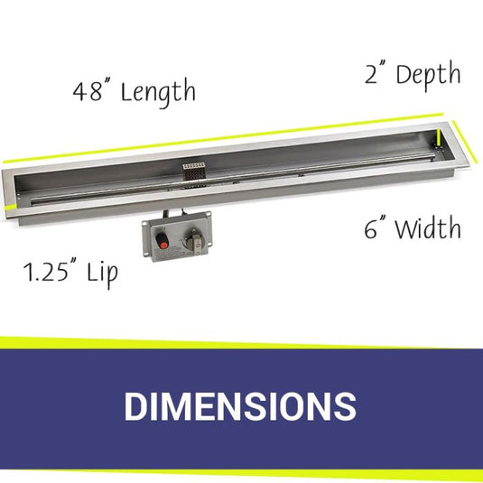 American Fire Products Stainless Steel Linear Burner Pan 48 inch by 6 inch showing dimensions for outdoor fire pit installation
