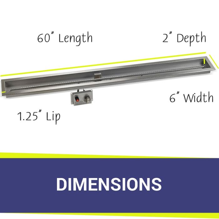 Load image into Gallery viewer, American Fire Products Stainless Steel Linear Burner Pan 60 inch by 6 inch showing dimensions for outdoor fire pit installation
