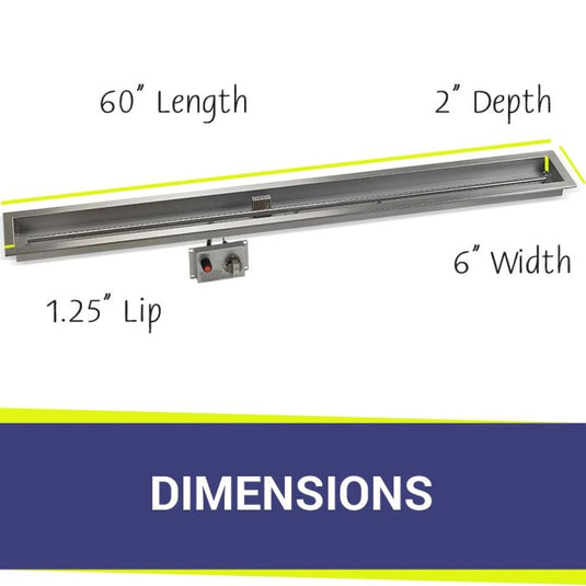 American Fire Products Stainless Steel Linear Burner Pan 60 inch by 6 inch showing dimensions for outdoor fire pit installation