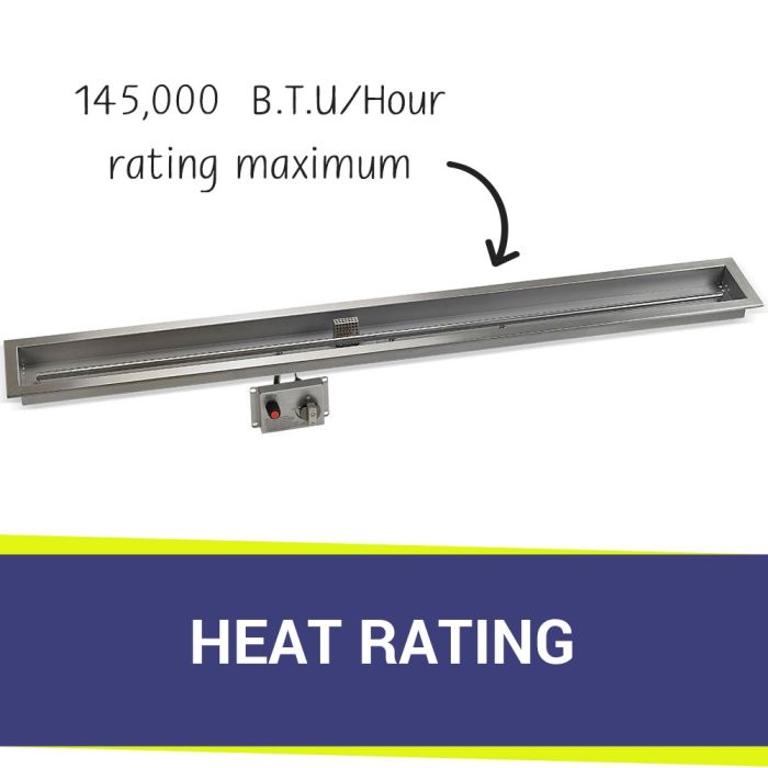 Load image into Gallery viewer, American Fire Products Stainless Steel Linear Burner Pan 60 inch by 6 inch displaying heat rating for outdoor fire pit burner system
