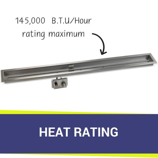 American Fire Products Stainless Steel Linear Burner Pan 60 inch by 6 inch displaying heat rating for outdoor fire pit burner system