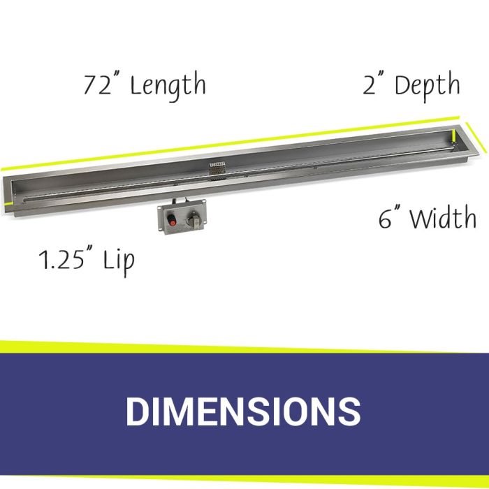 Load image into Gallery viewer, American Fire Products Stainless Steel Linear Burner Pan 72 inch by 6 inch showing dimensions for outdoor fire pit installation
