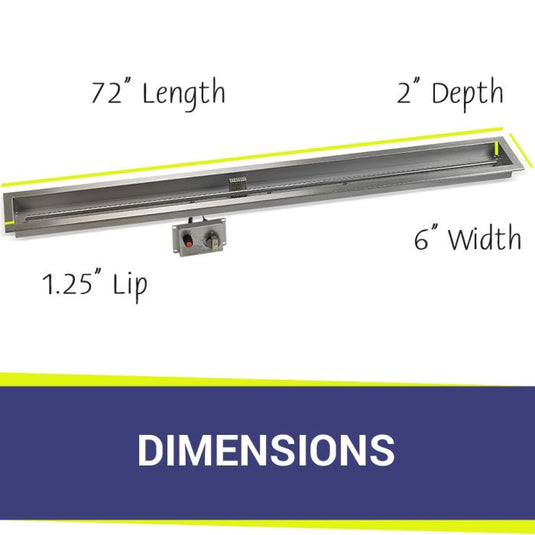 American Fire Products Stainless Steel Linear Burner Pan 72 inch by 6 inch showing dimensions for outdoor fire pit installation