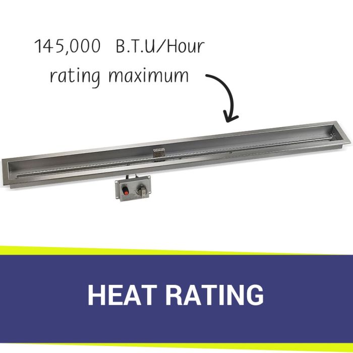 Load image into Gallery viewer, American Fire Products Stainless Steel Linear Burner Pan 72 inch by 6 inch displaying heat rating for outdoor fire pit burner system
