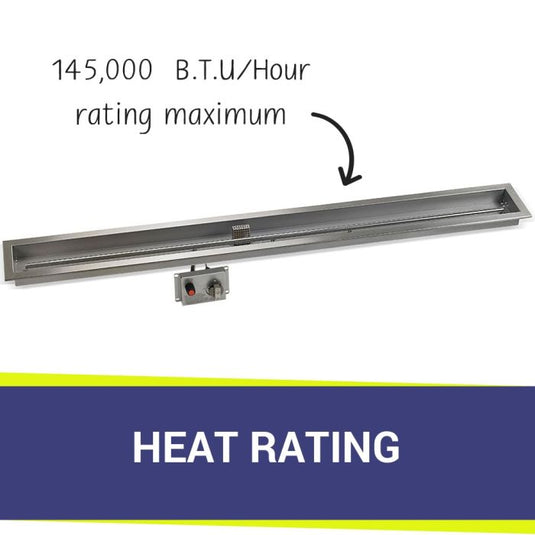 American Fire Products Stainless Steel Linear Burner Pan 72 inch by 6 inch displaying heat rating for outdoor fire pit burner system