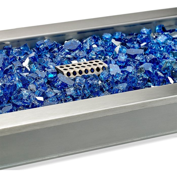 Load image into Gallery viewer, American Fire Products stainless steel linear drop-in fire pit pan CSA certified electric ignition system displaying fire glass media over linear burner for decorative outdoor gas fire feature
