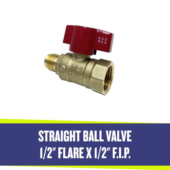 Load image into Gallery viewer, American Fire Products straight ball valve 1/2 inch flare x 1/2 inch FIP for gas shut off control in fire pit and fireplace systems
