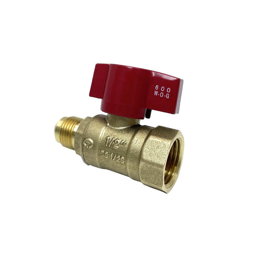American Fire Products straight ball valve with 3/8 inch flare and 1/2 inch FIP connections for inline supply shut-off applications