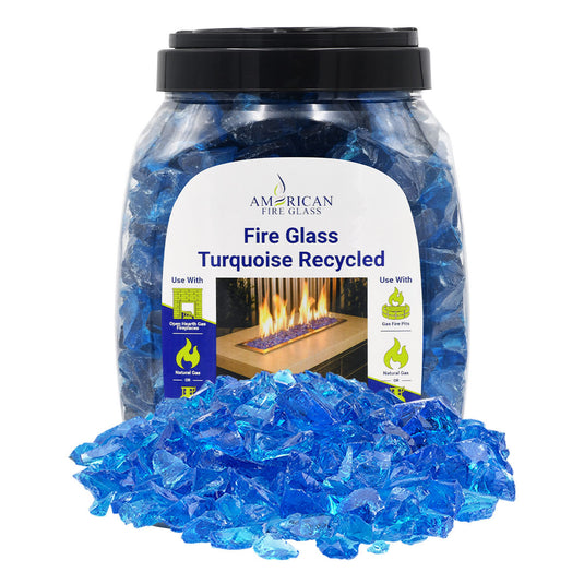 American Fire Products 10 lbs jar of Turquoise Medium fire pit glass made from tempered decorative glass for fire pits and fireplaces