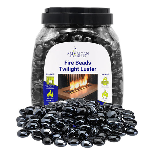 American Fire Products 10 lbs jar of Twilight Luster fire beads featuring black tempered glass designed for decorative fire pits and fireplaces with a modern reflective flame effect
