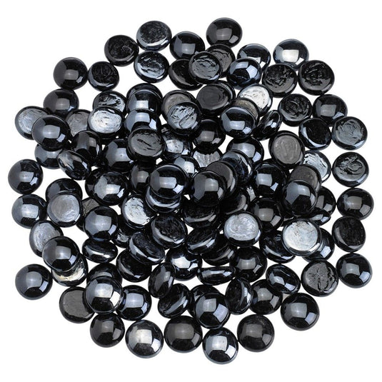 American Fire Products Twilight Luster fire beads in black glass creating a dramatic reflective flame effect in outdoor fire pit