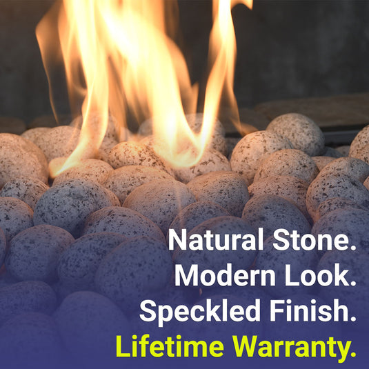 American Fire Products white tumbled element stone highlighting natural stone construction, modern look, speckled finish, and lifetime warranty with registration
