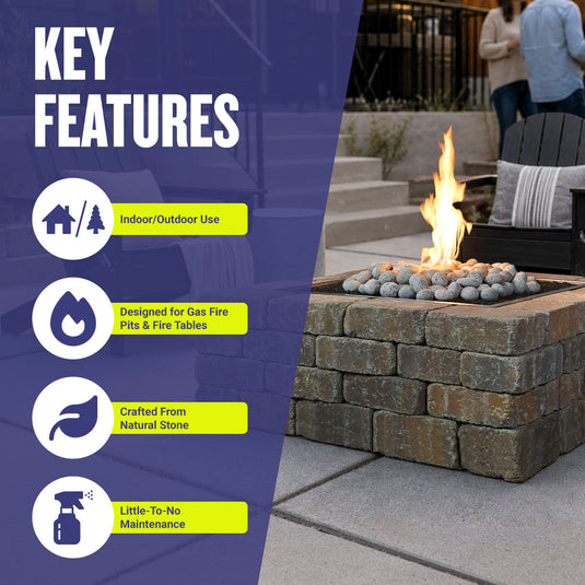 American Fire Products white tumbled element stone highlighting indoor and outdoor use, designed for gas fire pits and fire tables, crafted from natural stone, and little-to-no maintenance