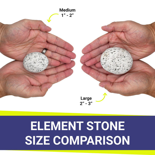 American Fire Products white tumbled element stone size comparison showing medium 1 to 2 inch stones and large 2 to 3 inch stones