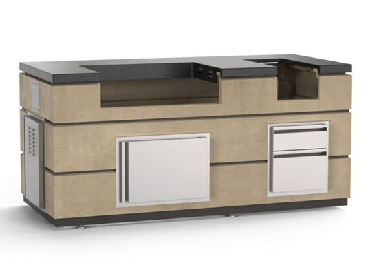 AOG 6.5-foot outdoor kitchen island in Cafe Blanco with 30-inch built-in gas grill and double side burner, featuring stainless steel construction and storage