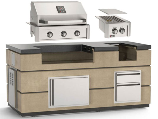 AOG 6.5-foot outdoor kitchen island in Cafe Blanco with 30-inch built-in gas grill and double side burner, featuring stainless steel construction and storage