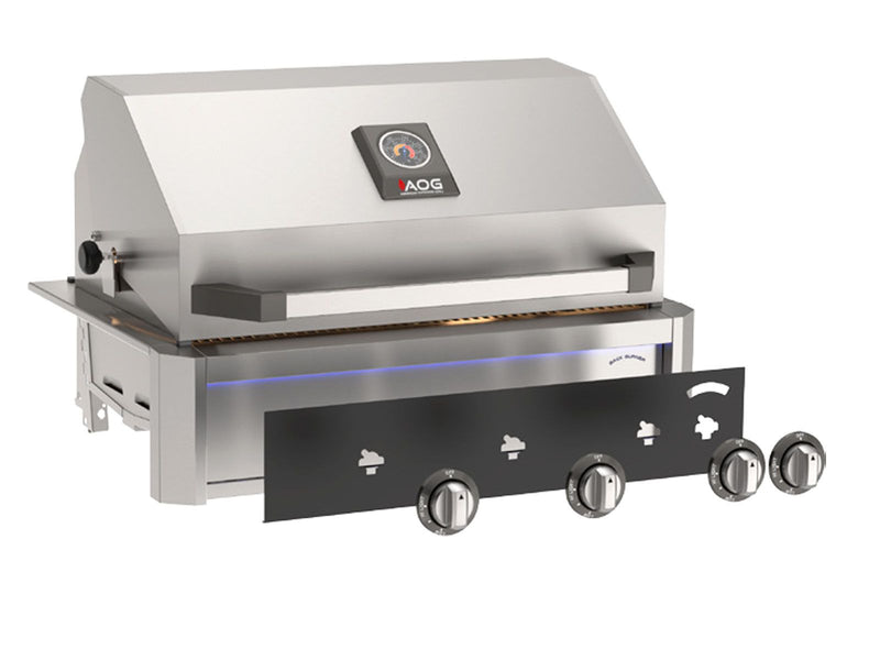 Load image into Gallery viewer, AOG L-Series 24-inch 2-burner built-in gas grill in black finish with rear infrared burner, rotisserie kit, internal lights and multi-color LED light bar
