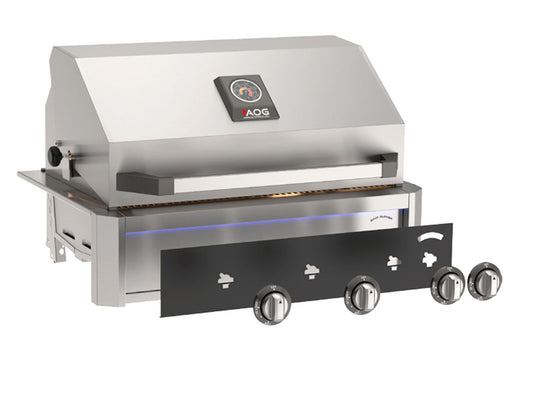 AOG L-Series 24-inch 2-burner built-in gas grill in black finish with rear infrared burner, rotisserie kit, internal lights and multi-color LED light bar