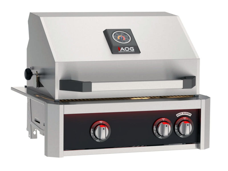 Load image into Gallery viewer, AOG L-Series 24-inch 2-burner built-in gas grill in black finish with rear infrared burner, rotisserie kit, internal lights and multi-color LED light bar
