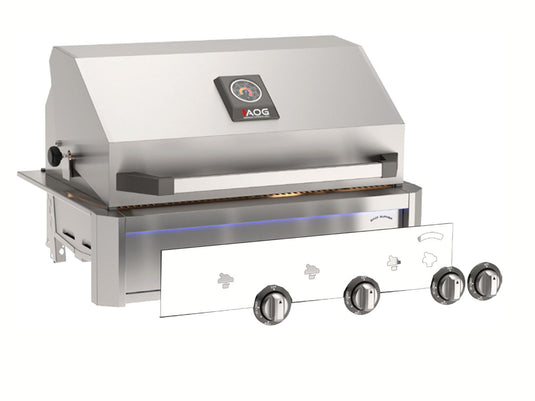 AOG L-Series 24-inch 2-burner built-in gas grill in white accent finish with rear infrared burner, rotisserie kit, internal lights and multi-color LED light bar