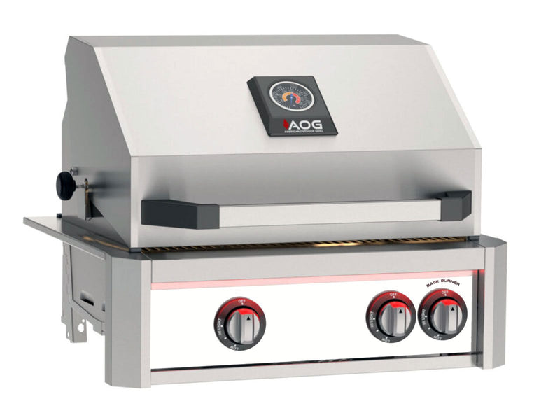 Load image into Gallery viewer, AOG L-Series 24-inch 2-burner built-in gas grill in white accent finish with rear infrared burner, rotisserie kit, internal lights and multi-color LED light bar
