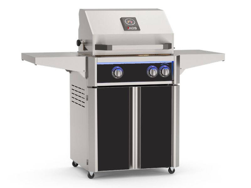 Load image into Gallery viewer, American Outdoor Grill AOG L-Series 24-inch 2-burner freestanding gas grill with black accent panels, rear infrared burner, rotisserie kit, internal halogen lights and multi-color LED lighting

