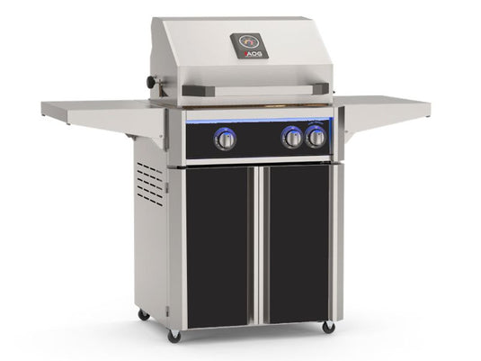 American Outdoor Grill AOG L-Series 24-inch 2-burner freestanding gas grill with black accent panels, rear infrared burner, rotisserie kit, internal halogen lights and multi-color LED lighting
