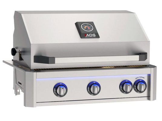 AOG L-Series 30 inch 3 burner built-in gas grill with rear infrared burner, rotisserie kit and LED lights