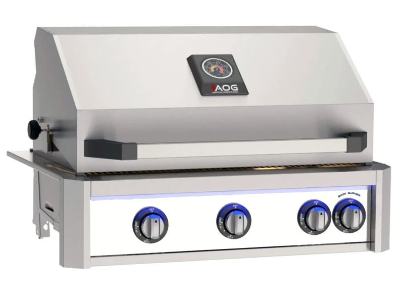 Load image into Gallery viewer, AOG L-Series 30 inch 3 burner built-in gas grill white with rear infrared burner, rotisserie kit and LED lights
