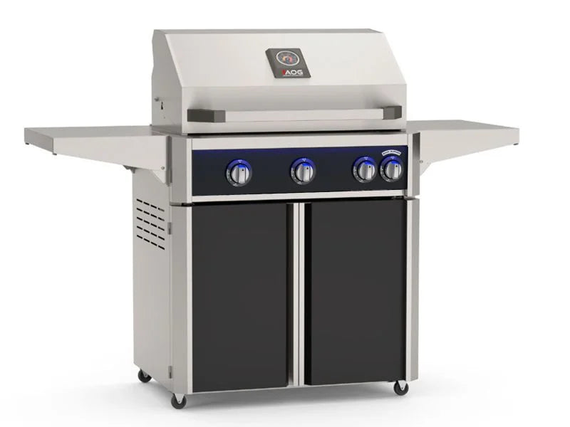 Load image into Gallery viewer, American Outdoor Grill AOG L-Series 30-inch 3-burner freestanding gas grill with black accent panels, rear infrared burner, rotisserie kit, internal halogen lights and multi-color LED lighting
