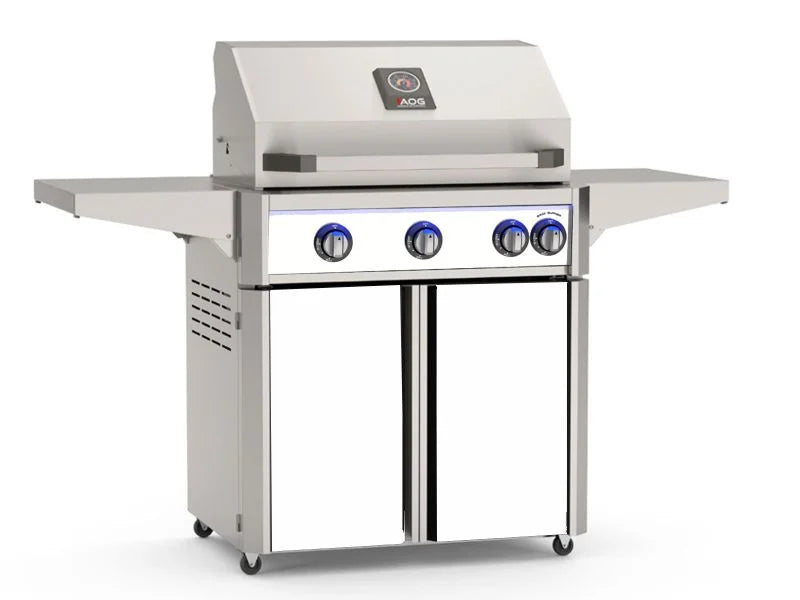 Load image into Gallery viewer, American Outdoor Grill AOG L-Series 30-inch 3-burner freestanding gas grill with white accent panels, rear infrared burner, rotisserie kit, internal halogen lights and multi-color LED lighting
